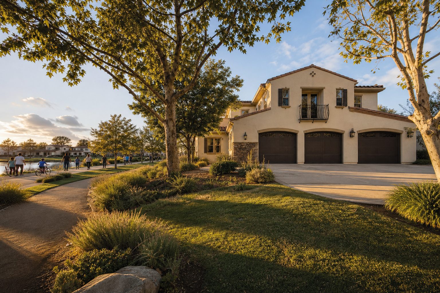 Two-story stucco home with mature trees in Bridgeport Valencia neighborhood, residents walking and biking on tree-lined community path during golden