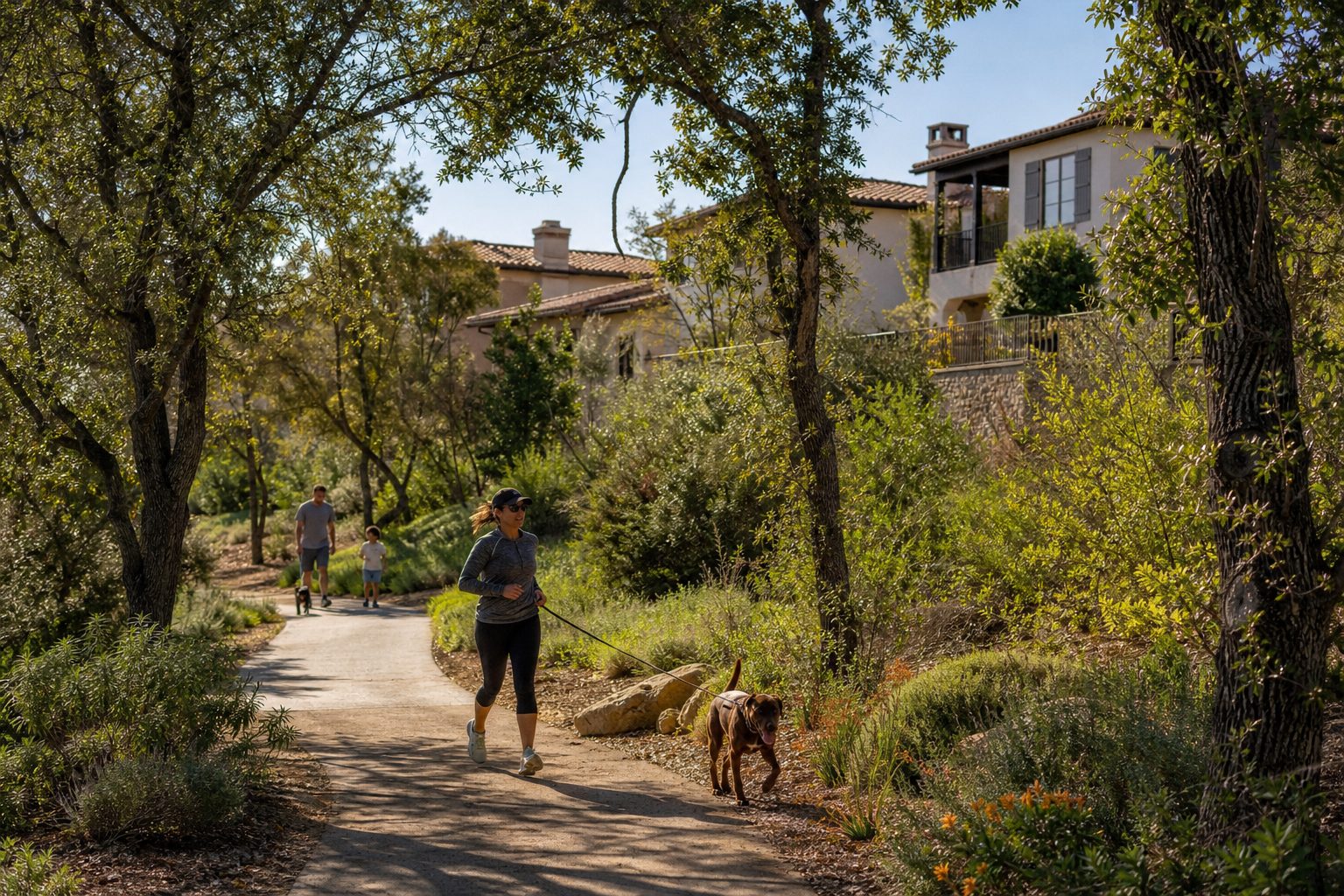 Paseo trail in West Creek Valencia with jogger and dog owner walking on shaded path lined with native trees.