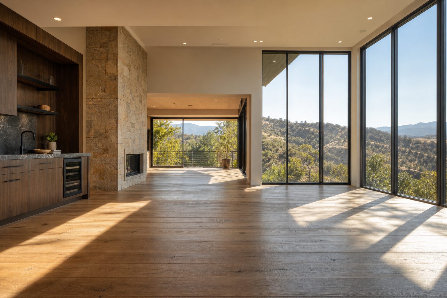 Modern luxury home interior in Saugus with valley views through floor-to-ceiling windows and contemporary hardwood design.