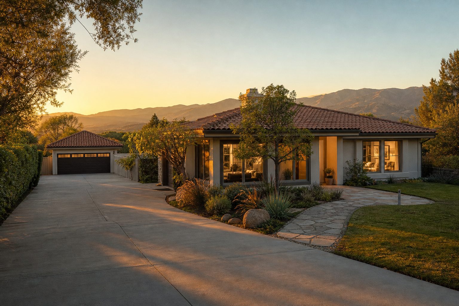 Modern stucco home with tile roof in Valencia neighborhood, Santa Susana Mountains visible in distance, golden hour lighting.