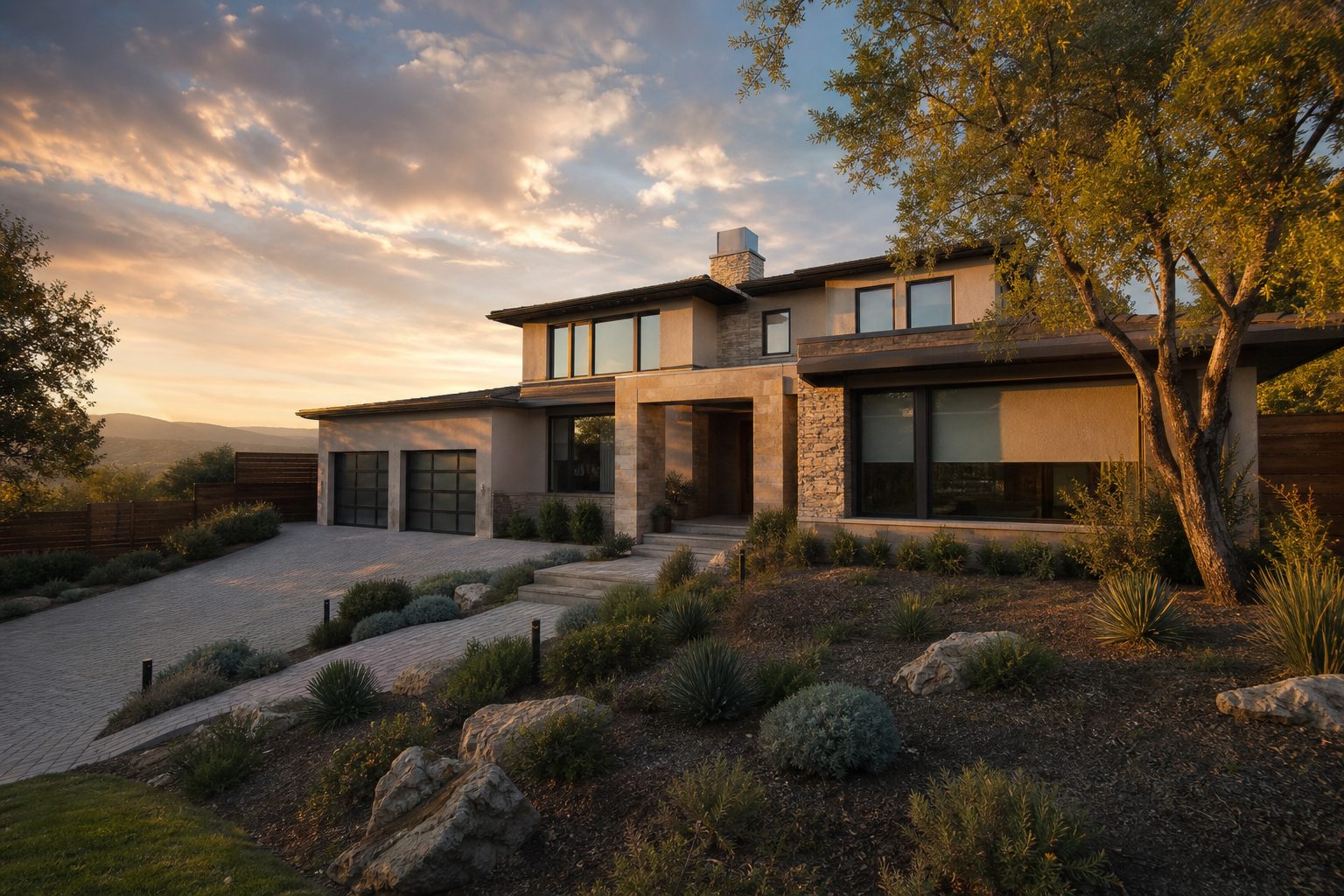 Modern luxury home with stone entry and native plantings in Valencia's Northbridge hillside neighborhood at sunset.