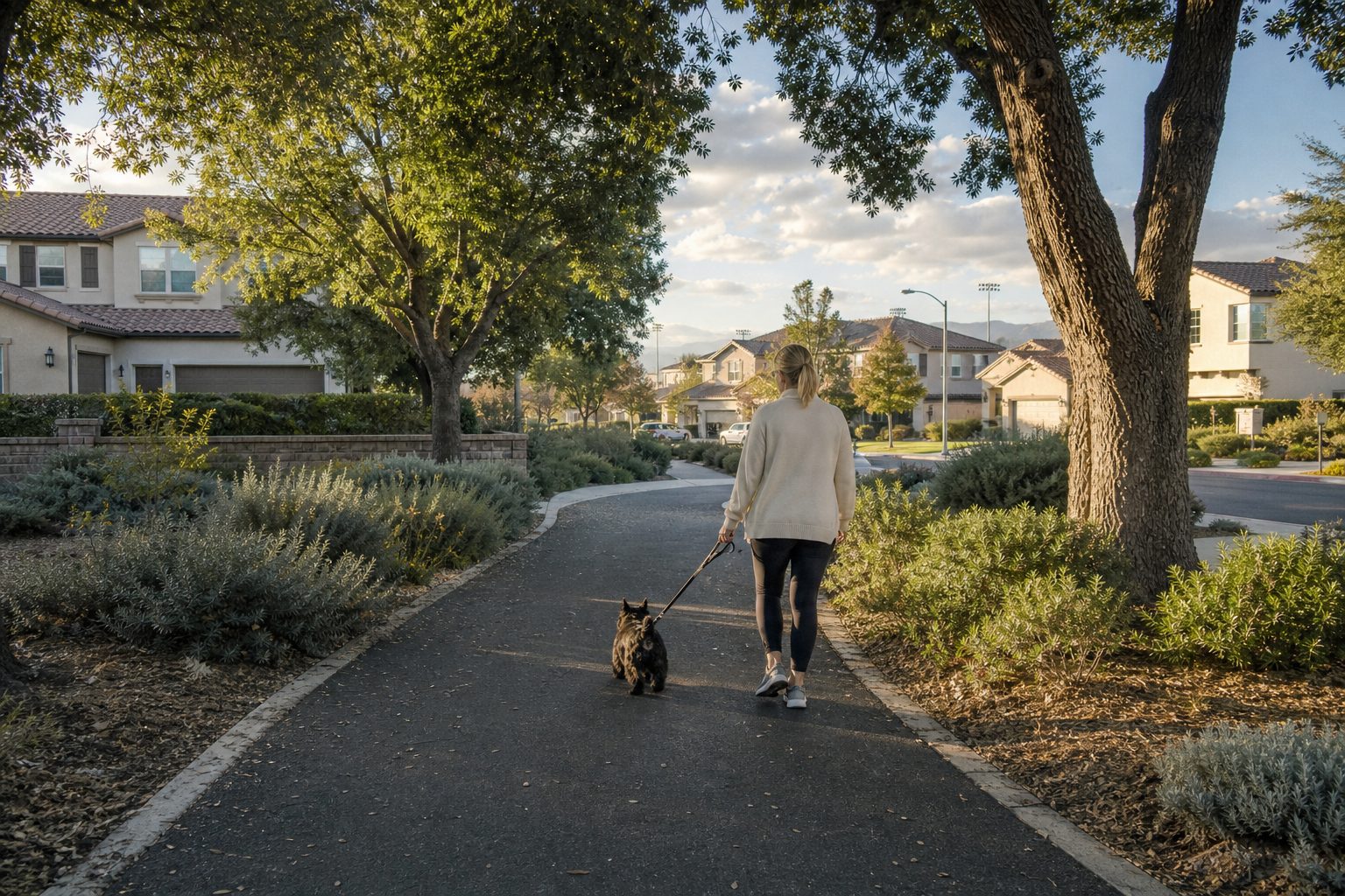 Couple walking leashed dog on tree-lined Valencia paseo trail between suburban homes with distant school campus visible.