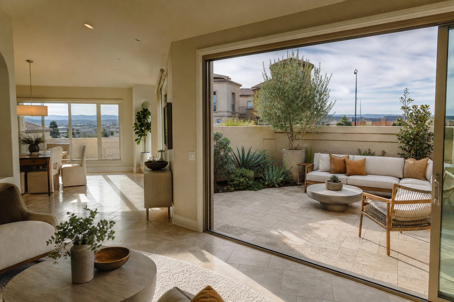 Modern two-bedroom downsized condo with courtyard patio in Valencia's Galleria area, suited for 55+ buyers.