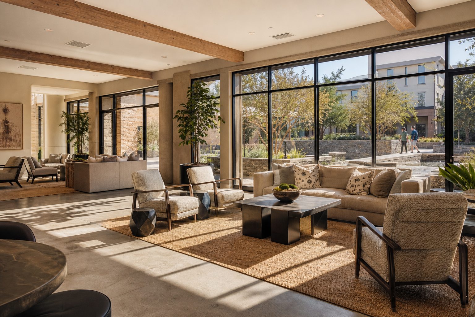 Modern community clubhouse interior with large windows overlooking landscaped courtyard in NorthPark HOA, Valencia.