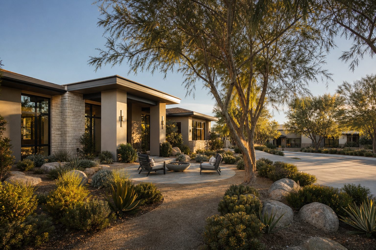 Single-story modern luxury home with contemporary stucco exterior, courtyard entry, and native Southern California landscaping in Sierra Bella II