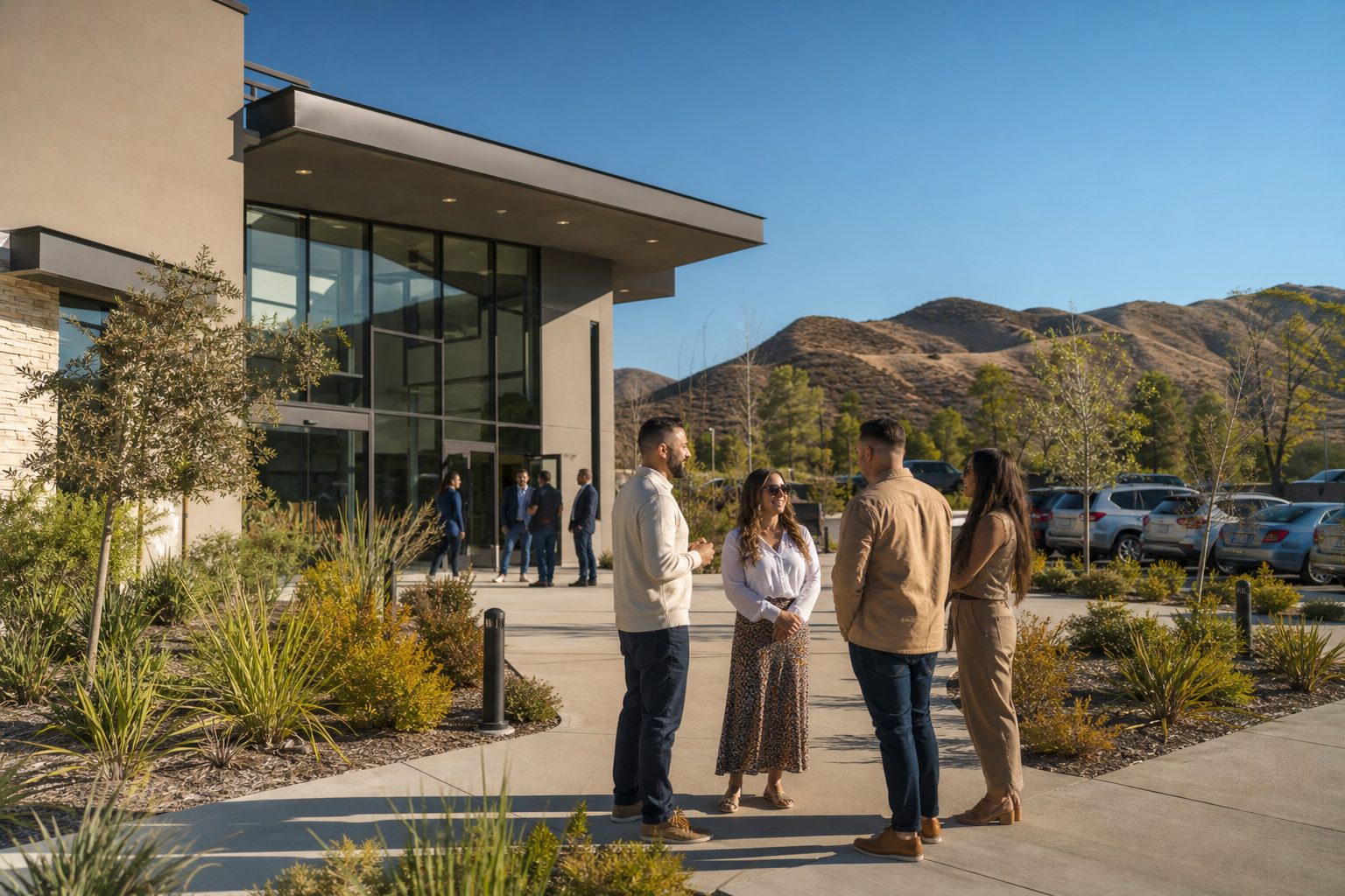 Contemporary church building with glass windows and modern landscaping where parishioners gather outside on a sunny afternoon in Santa Clarita.