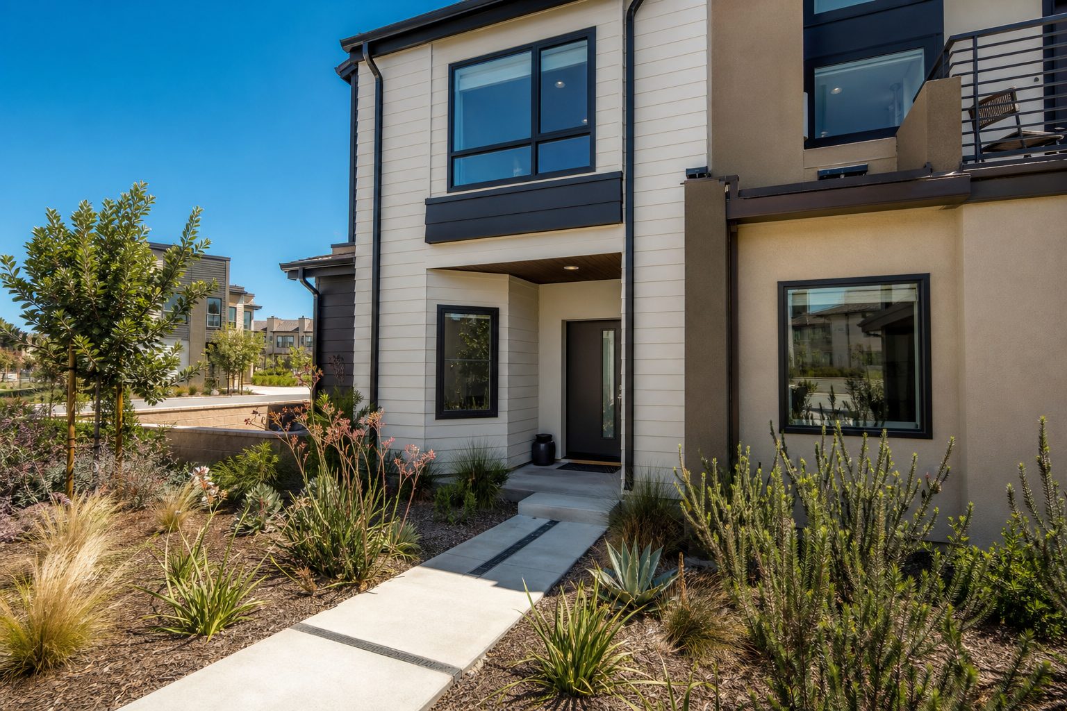 Contemporary townhome in West Creek Valencia with modern architectural details, large windows, and drought-resistant front landscaping in bright