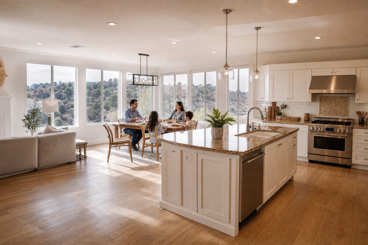 Family of four in a bright, open-concept kitchen and dining area with large windows overlooking Canyon Country hills in a contemporary Saugus home.