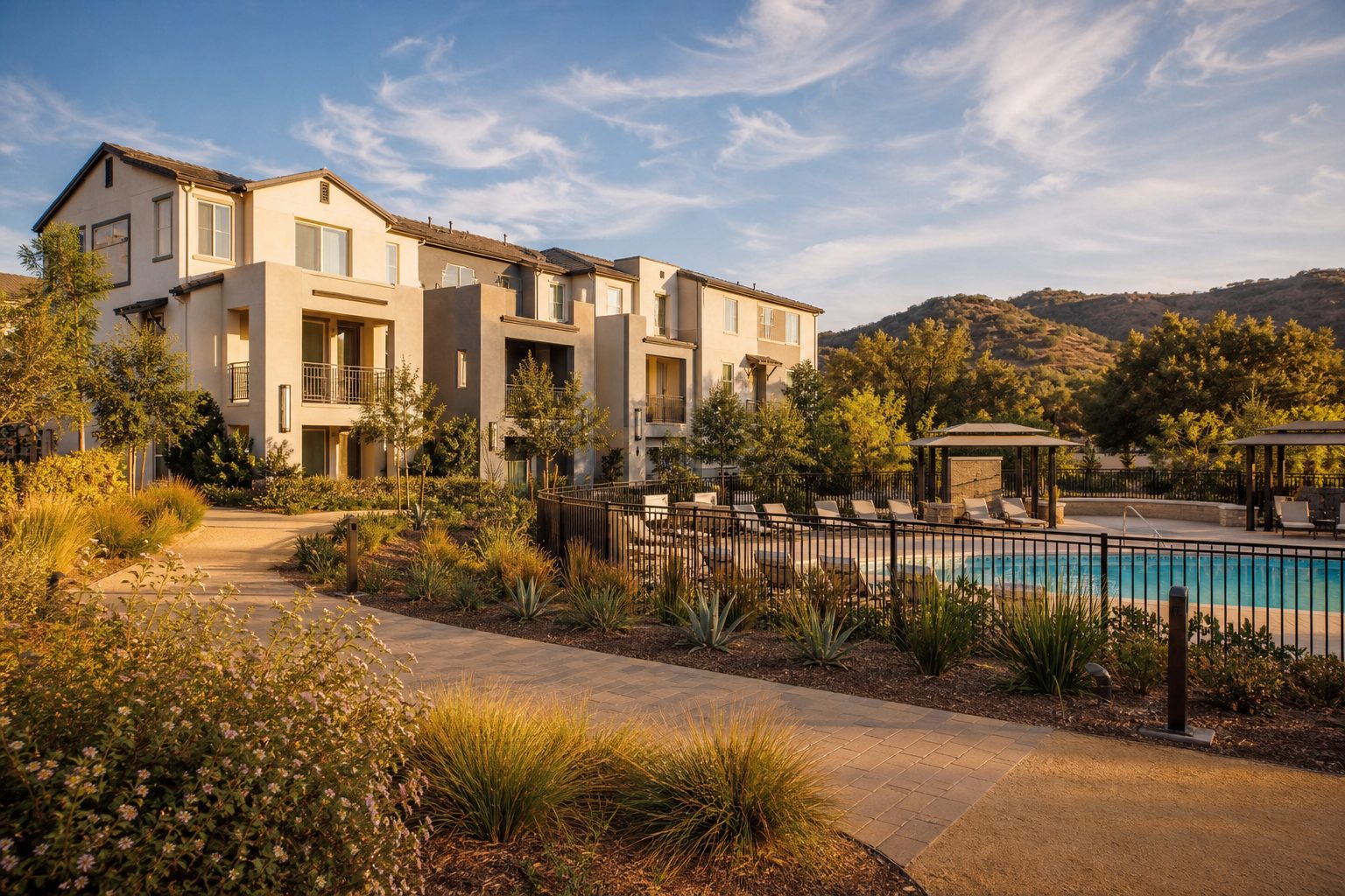 Contemporary townhome community with resort-style pool and paseo walking path in Valencia at golden hour.