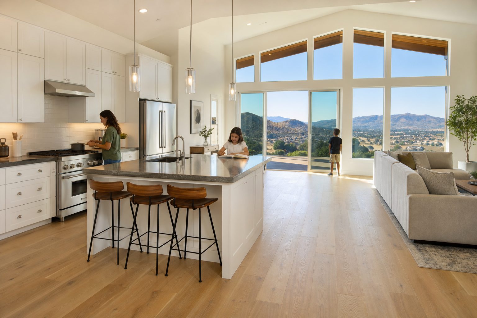 Family in modern open-concept kitchen and great room in Tesoro Del Valle with hillside views and contemporary finishes.