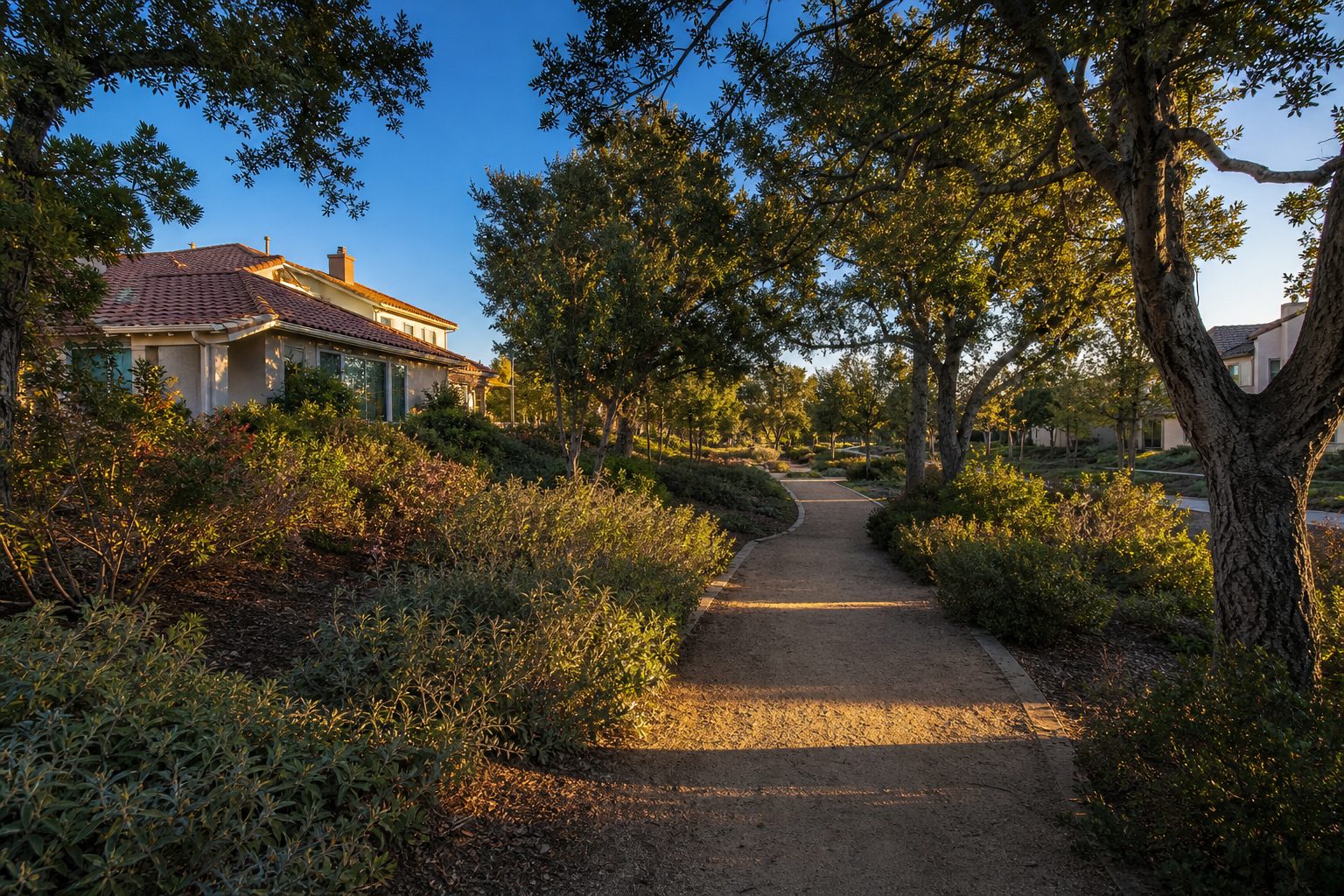 Shaded walking path winds through mature oaks in North Park, Valencia community greenbelt with neighborhood homes visible.