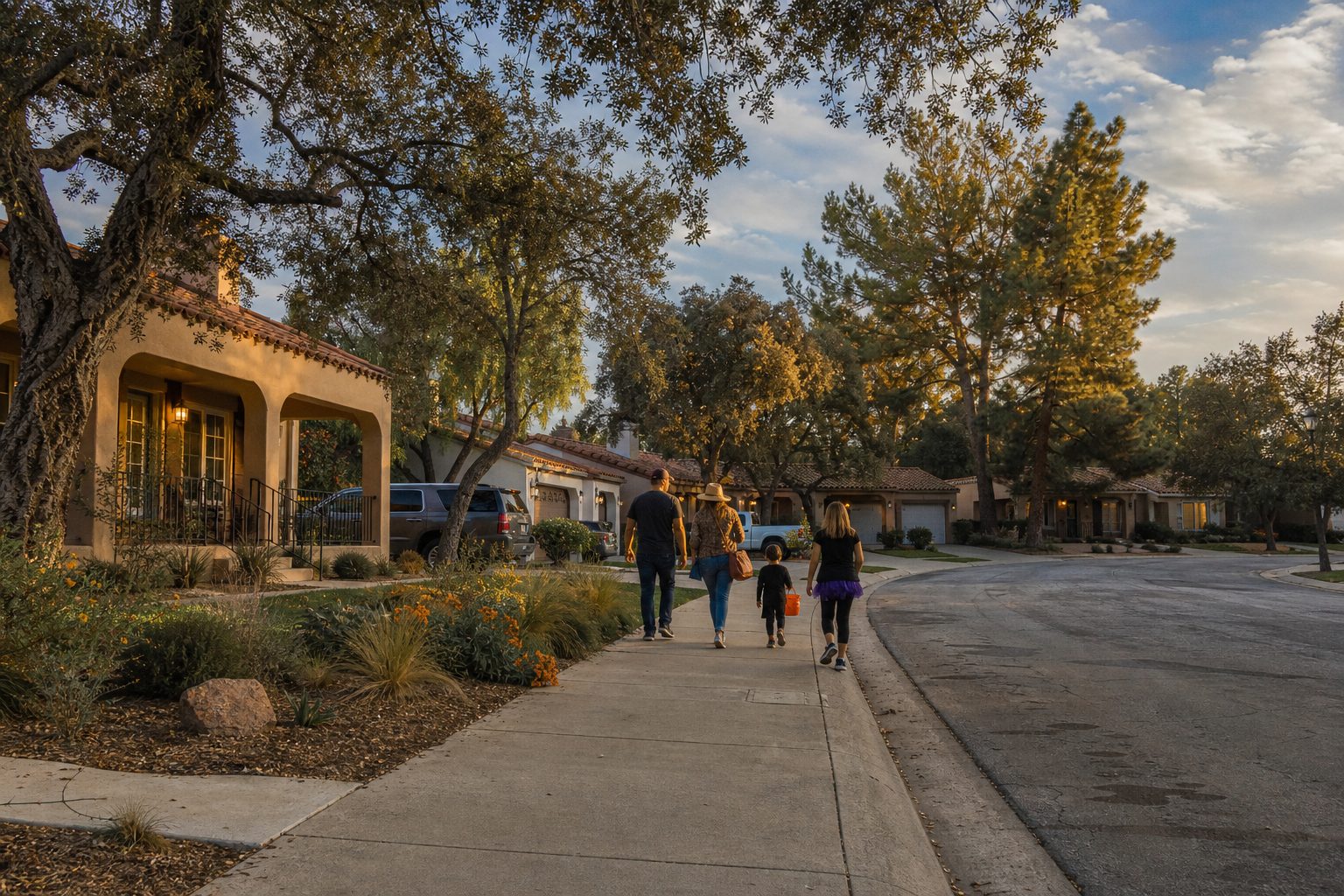 Family trick-or-treating on a tree-lined suburban street in Valencia's Central Valley at golden hour.