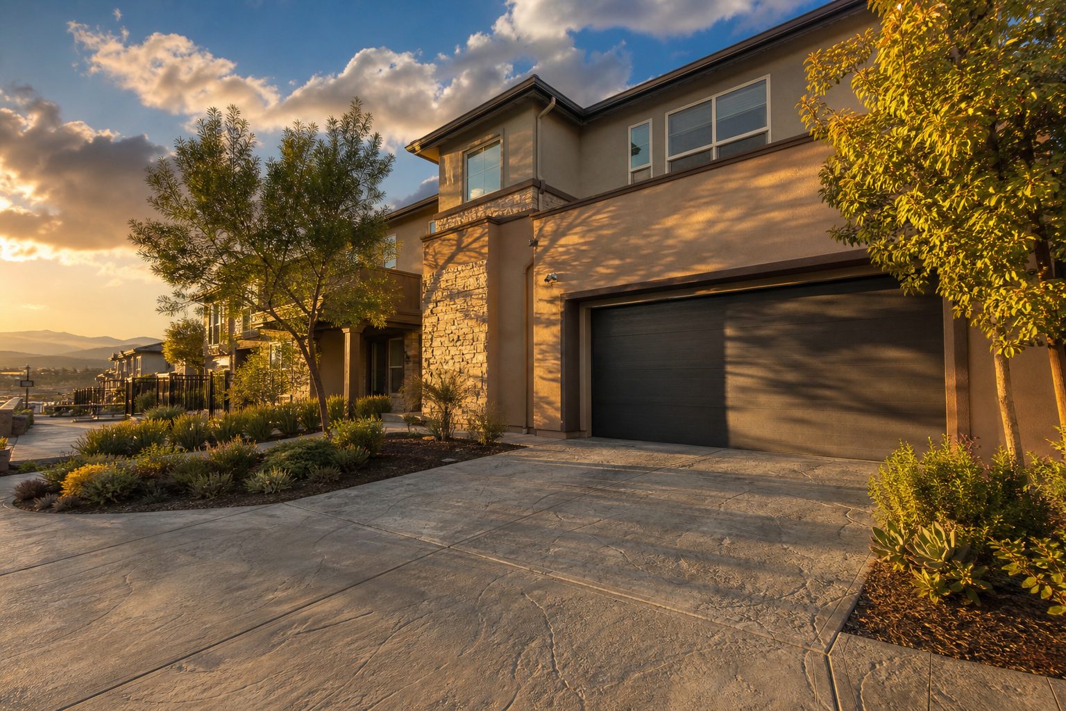 Modern townhome with contemporary stucco facade and Mediterranean landscaping in West Creek Valencia during golden hour.