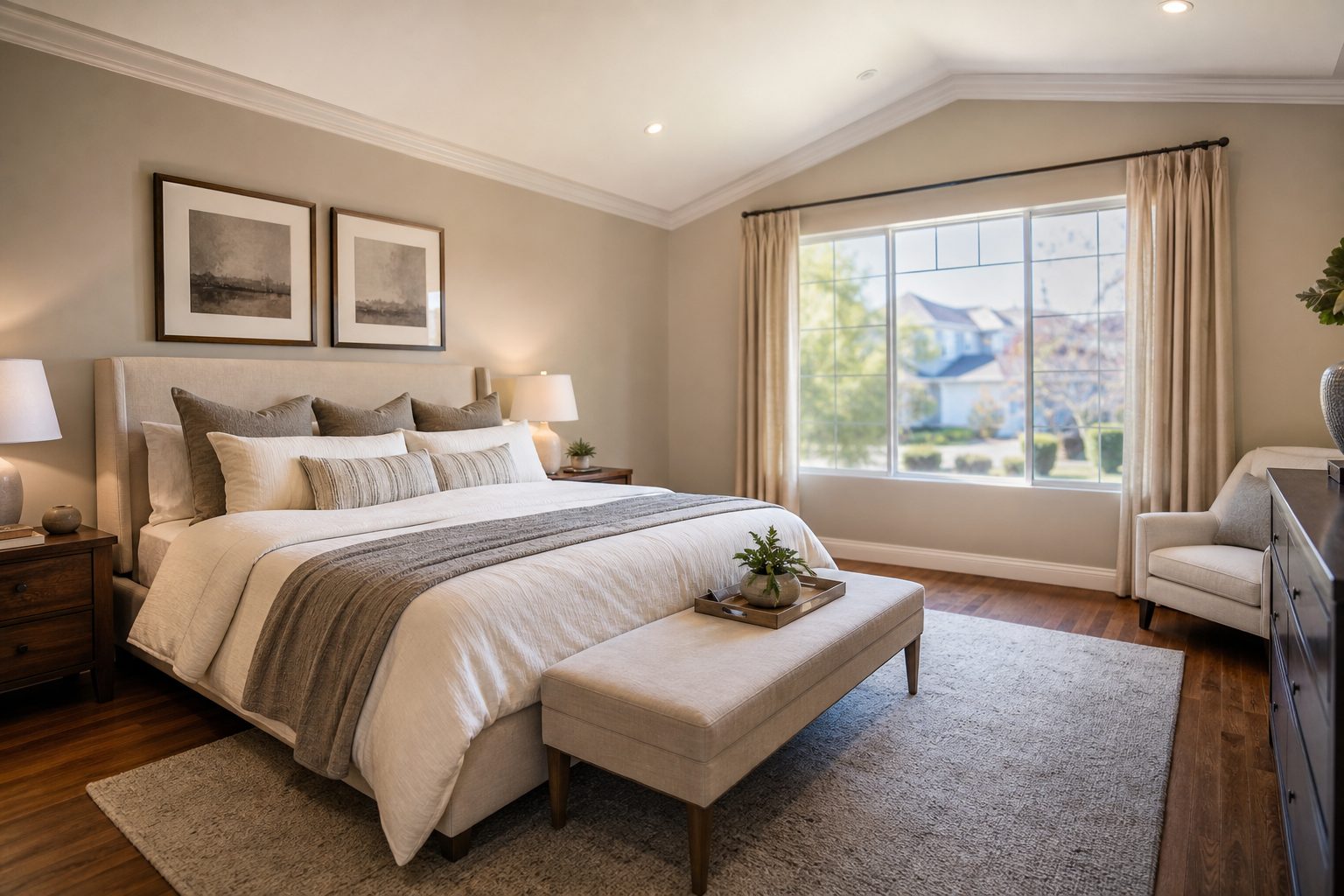 Professionally staged master bedroom with cathedral ceiling, natural light, hardwood flooring, in Stevenson Ranch home.