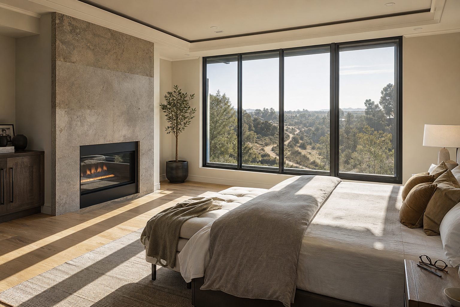 Luxury master bedroom with stone fireplace and canyon views overlooking Valencia's Paseo trail system in afternoon light.