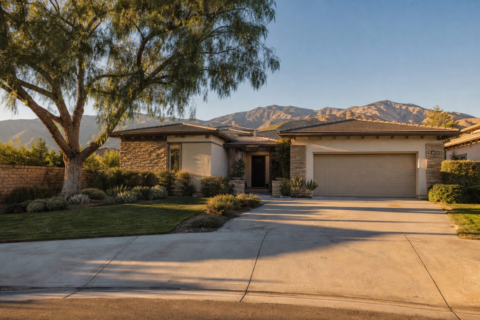 Single-story Valencia home with pepper tree and mountain views near Westcreek neighborhood in late afternoon light.