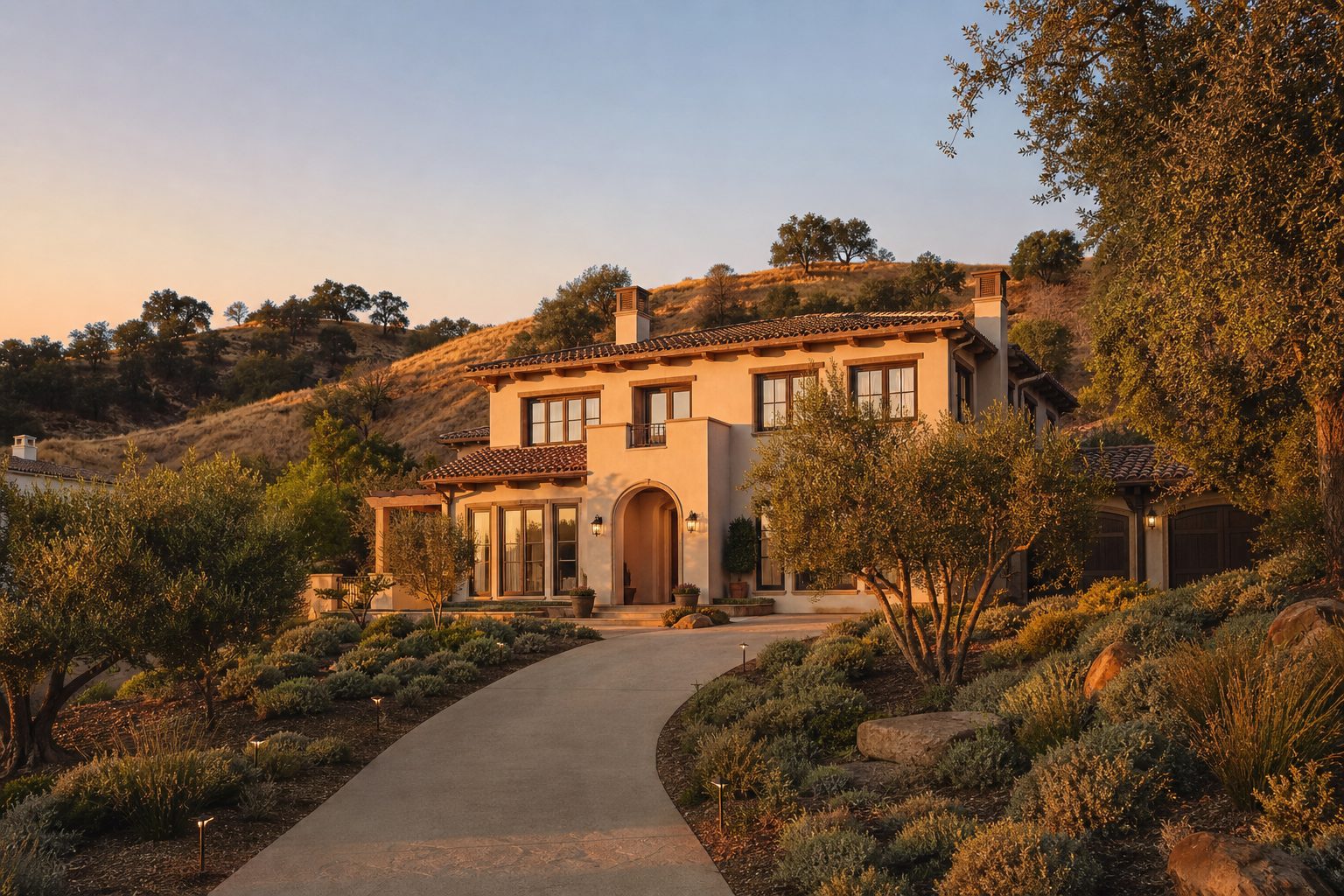 Mediterranean-style two-story home with cream stucco and stone accents in Stevenson Ranch during golden hour, surrounded by native California oaks