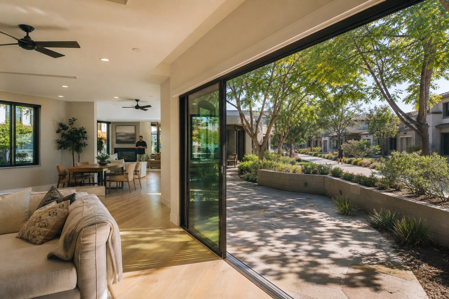Open-concept living area in Creekside Valencia home with view to rear patio and mature landscaping.