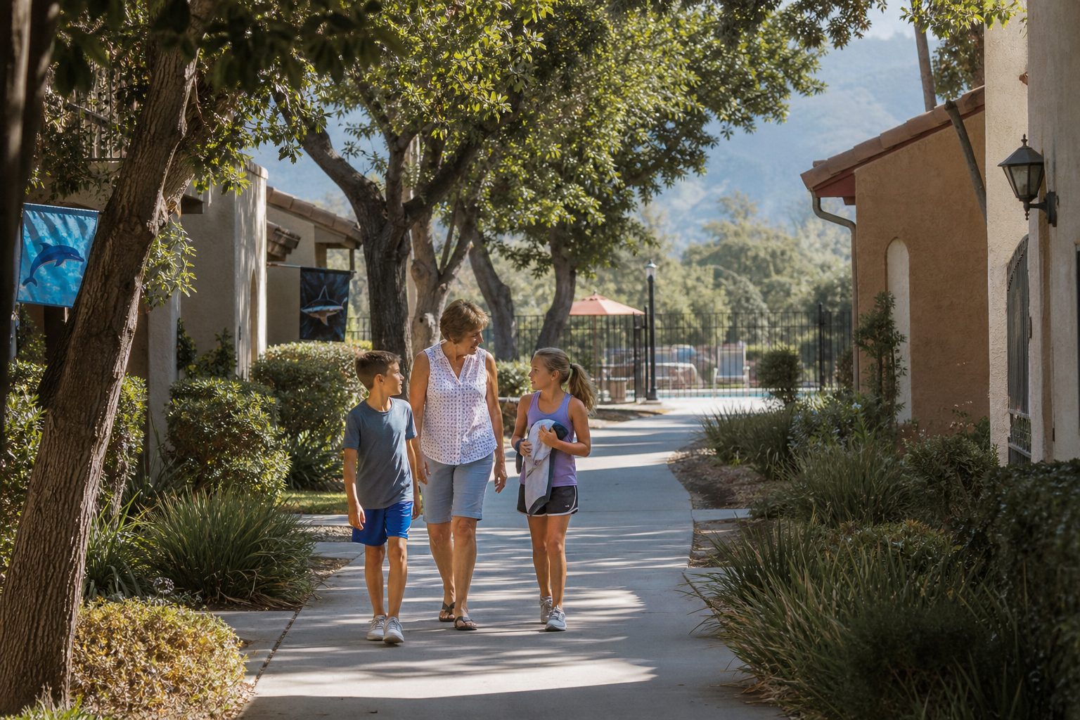 Grandmother and two children walking on a residential pathway in Old Orchard Valencia toward the community pool area.