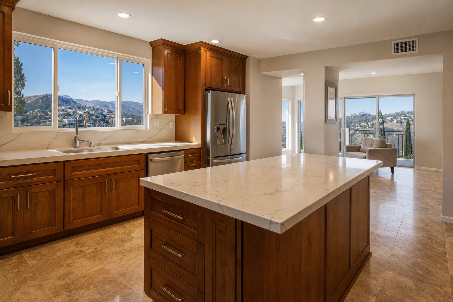 Open-concept kitchen with recent renovations and stainless appliances in a Canyon Country hillside home with views toward Santa Clarita Valley.