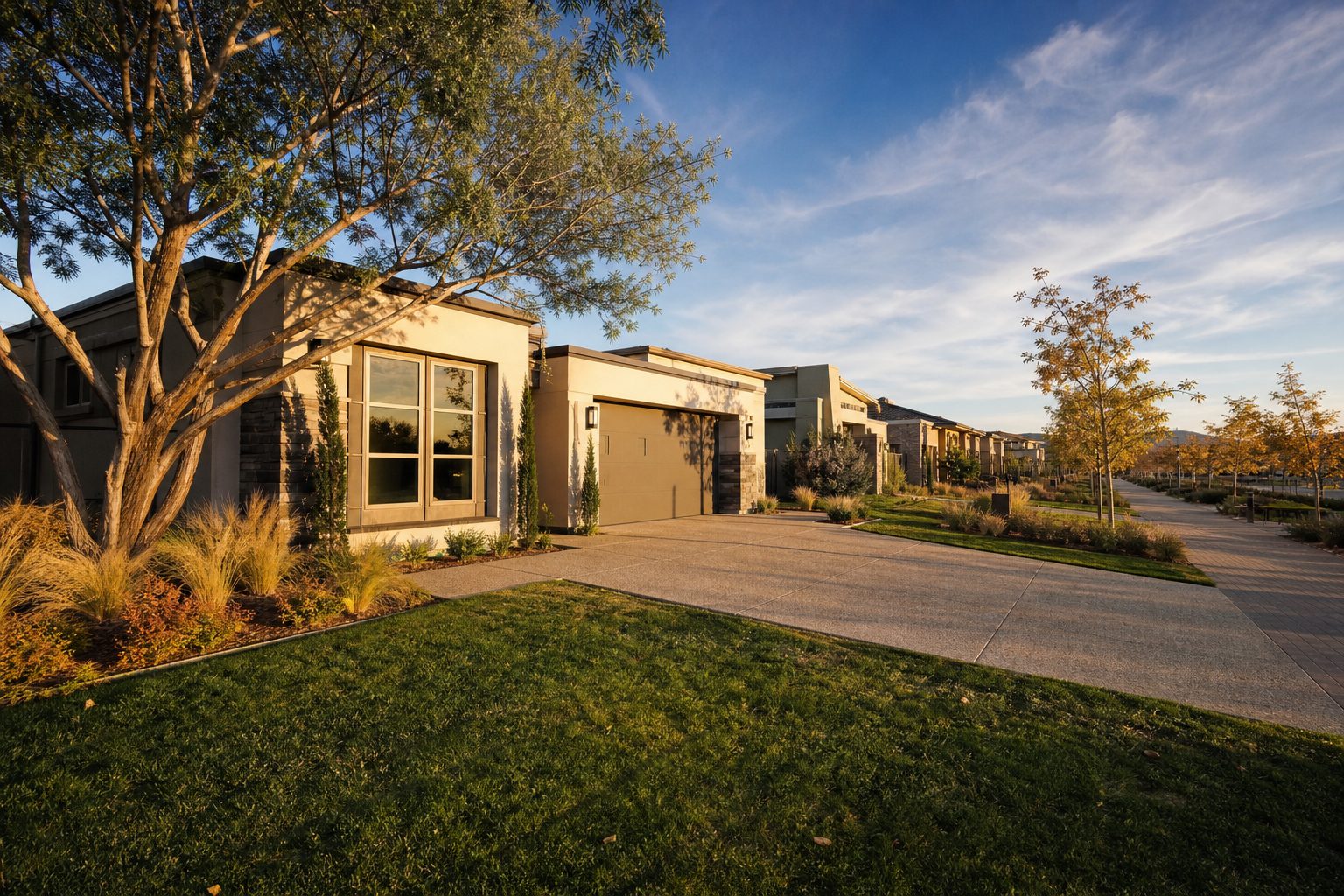 Contemporary single-story home in Alta Vista Valencia with warm afternoon light, mature pepper tree, and pedestrian trail visible in background.