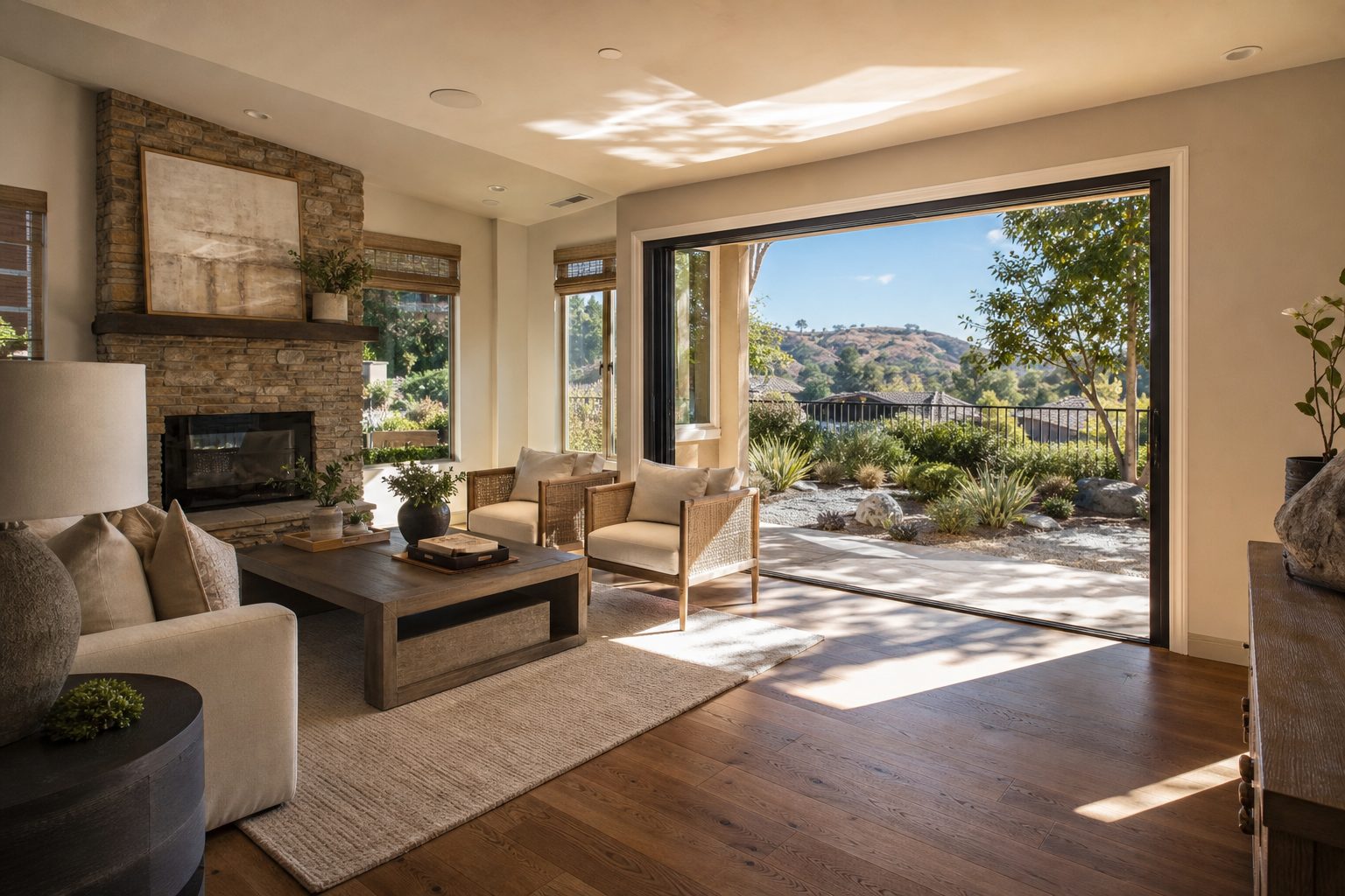 Open great room with hardwood flooring and stone fireplace overlooking landscaped backyard in contemporary Copper Hill Valencia home.