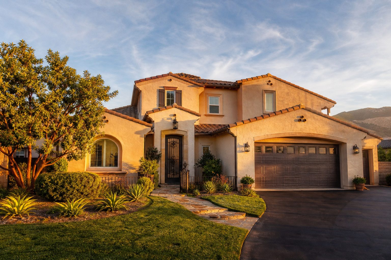 Contemporary Mediterranean home in Valencia's Northbridge neighborhood with warm stucco facade, mature landscaping, and manicured driveway at golden