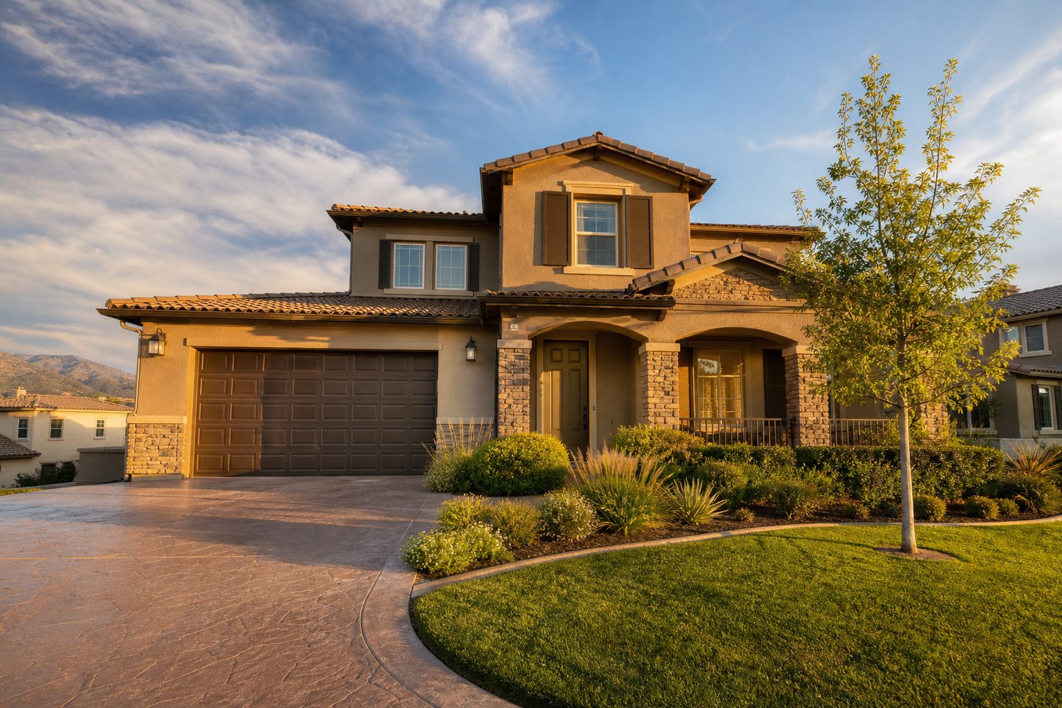 Contemporary two-story home with stone and stucco exterior in Copper Hill Valencia, mature landscaping, golden hour lighting.