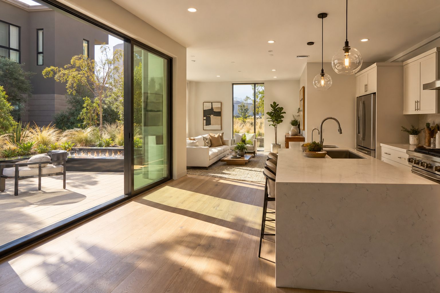 Modern luxury condo interior with open-concept living, white quartz kitchen island, hardwood floors, and private courtyard patio at Ironridge