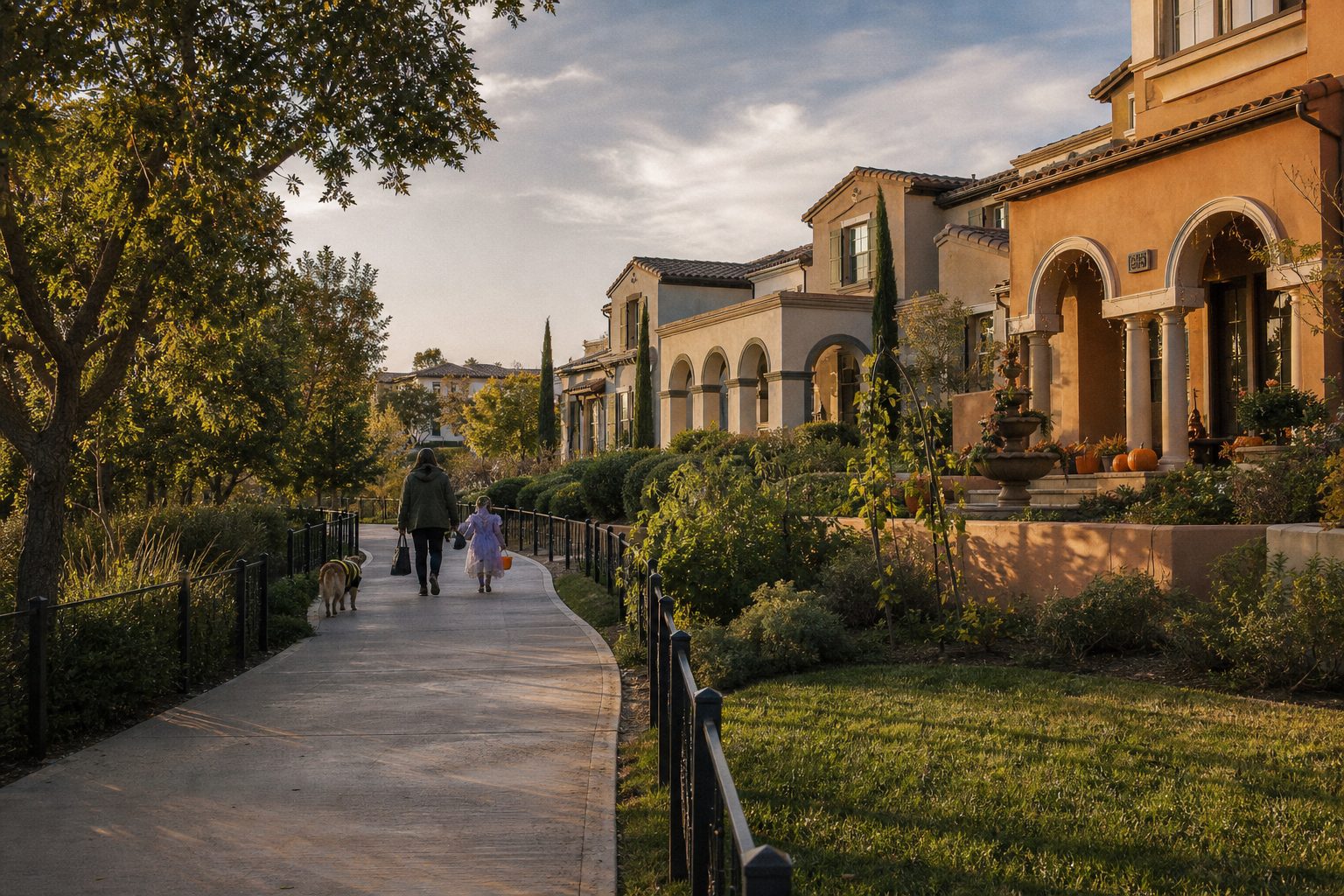 Family trick-or-treating on a grade-separated paseo pathway in Valencia's Northbridge neighborhood at golden hour with mature oak trees and