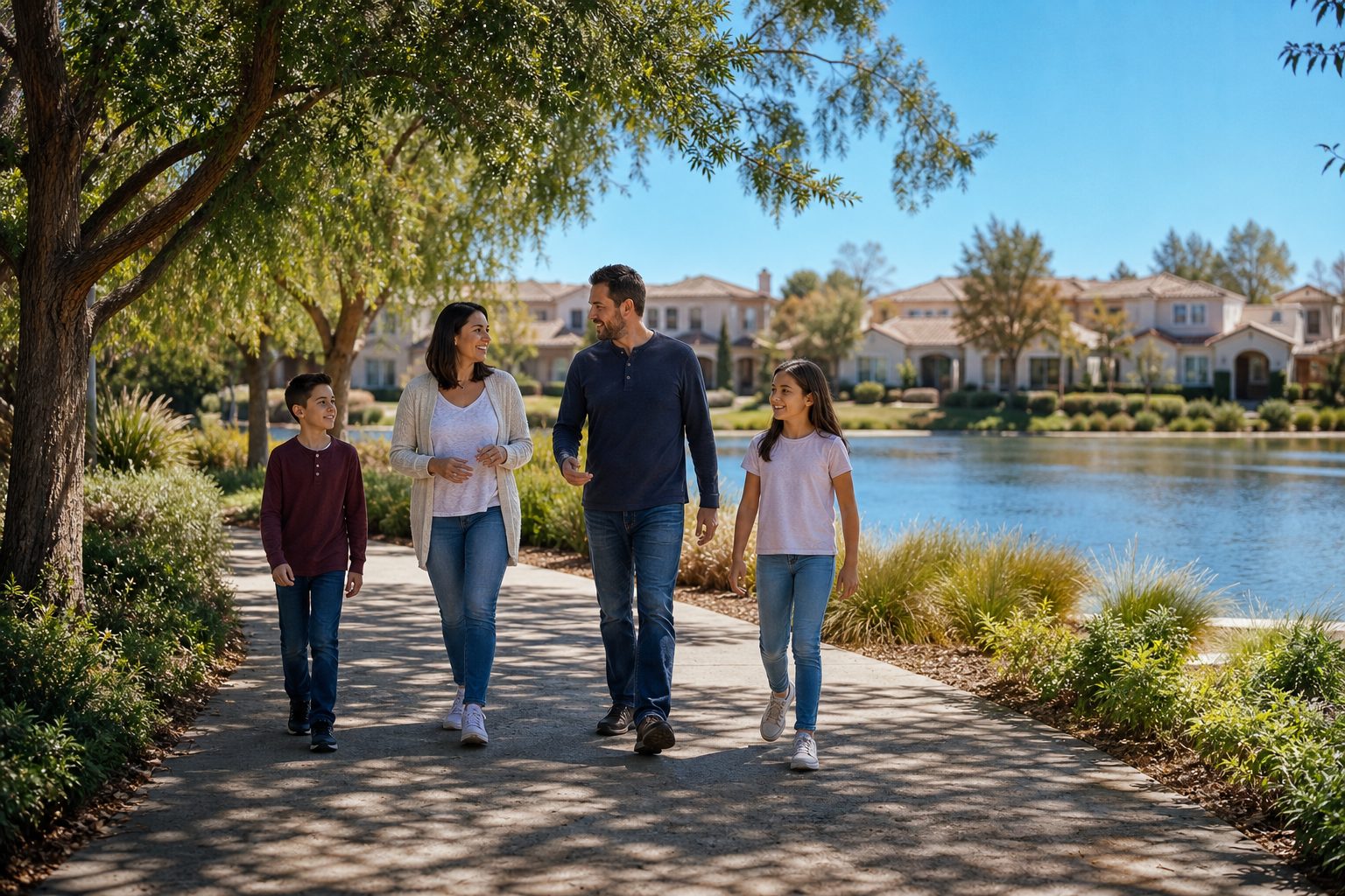 Multi-generational family walking on Bridgeport paseo trail with community lake and mature trees in Valencia.