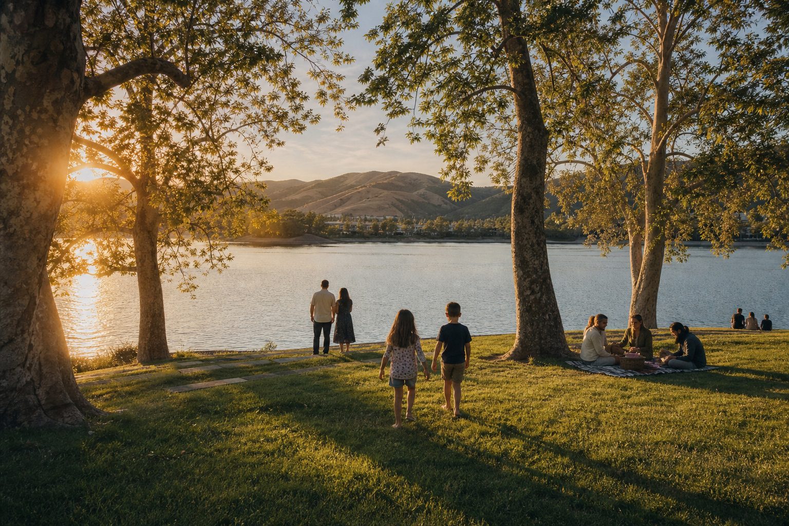 Families enjoying an afternoon picnic on the grassy lawn at Central Park in Valencia with Bridgeport Lake and tree-lined shoreline behind them.