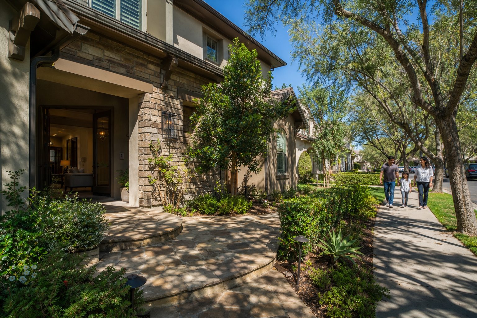 Family walking past contemporary home on quiet Saugus street with mature trees, midday sunlight, suburban neighborhood setting.