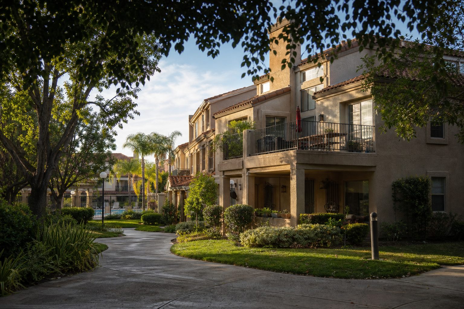Valencia townhome community in Old Orchard with interconnected pedestrian pathways, mature landscaping, and community pool area in morning light.