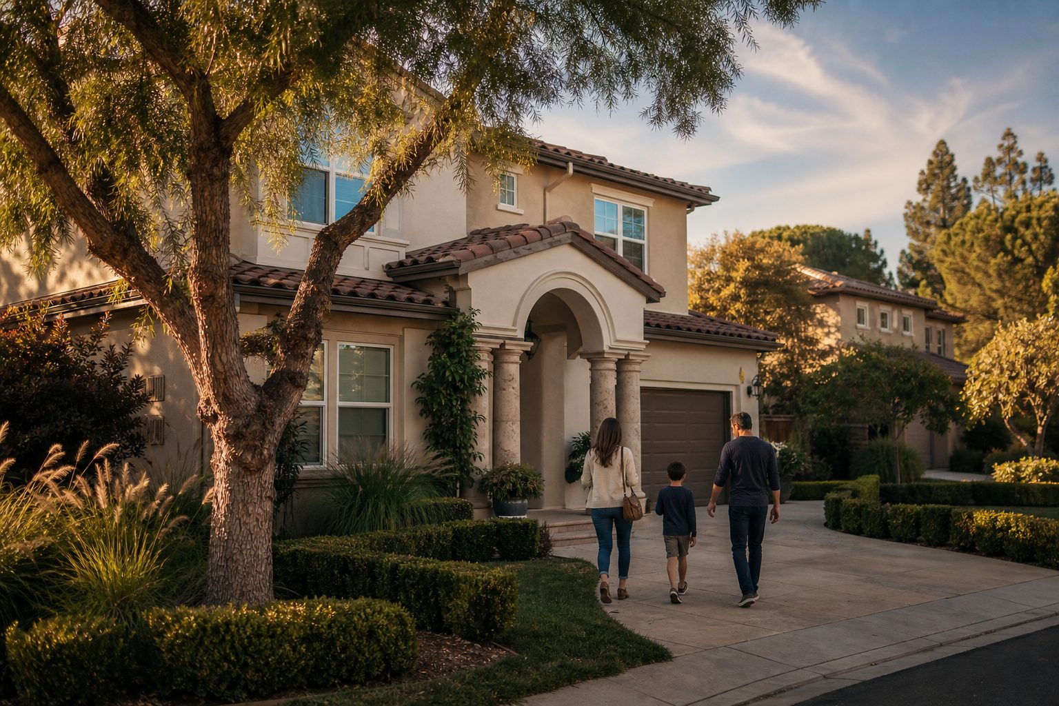Tuscan-style home with mature pepper tree in Stevenson Ranch, family walking toward entry during golden hour.
