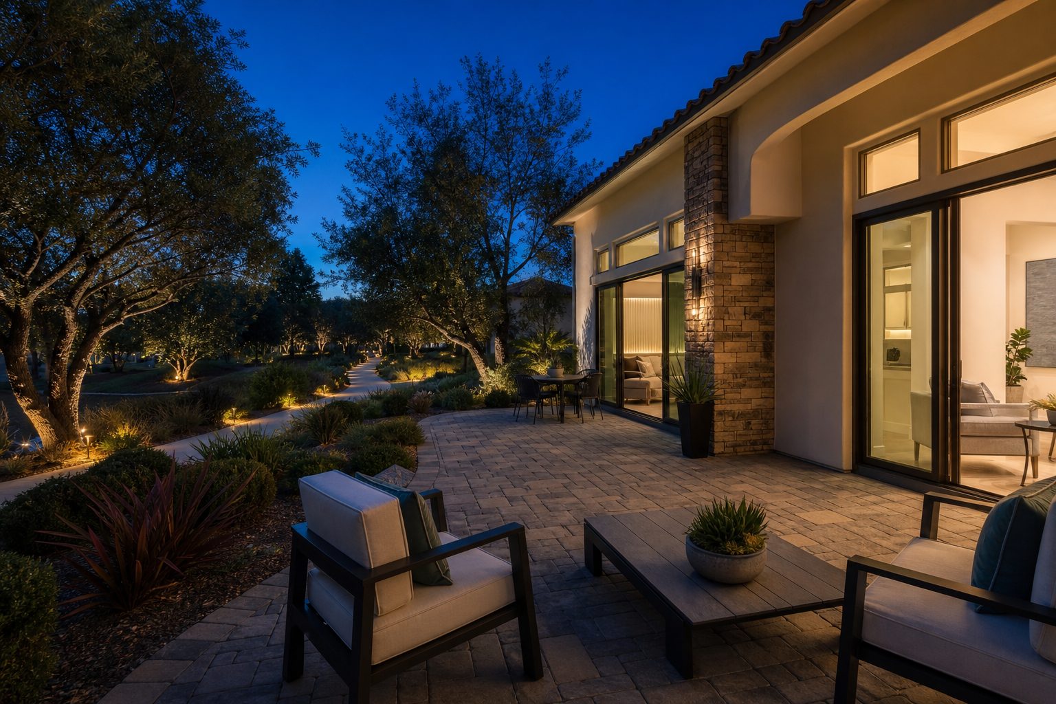 Rear patio with greenbelt view at twilight showing Spanish Colonial home overlooking Valencia's paseo walkway system and oak trees.